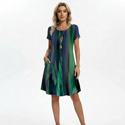 Vestido Midi Estampado de Manga Corta y Cuello Redondo para Mujer