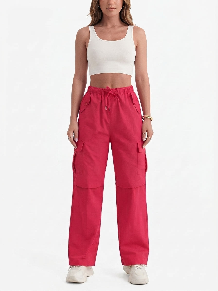 Pantalones cargo casuales con cordón y bolsillos para mujer