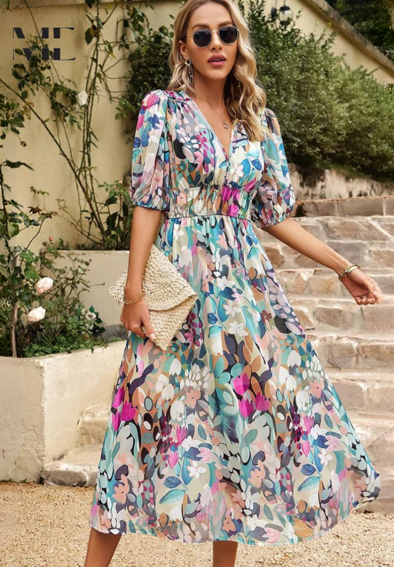 Vestido midi con estampado floral y cuello en V para mujer, ideal para invitadas de boda
