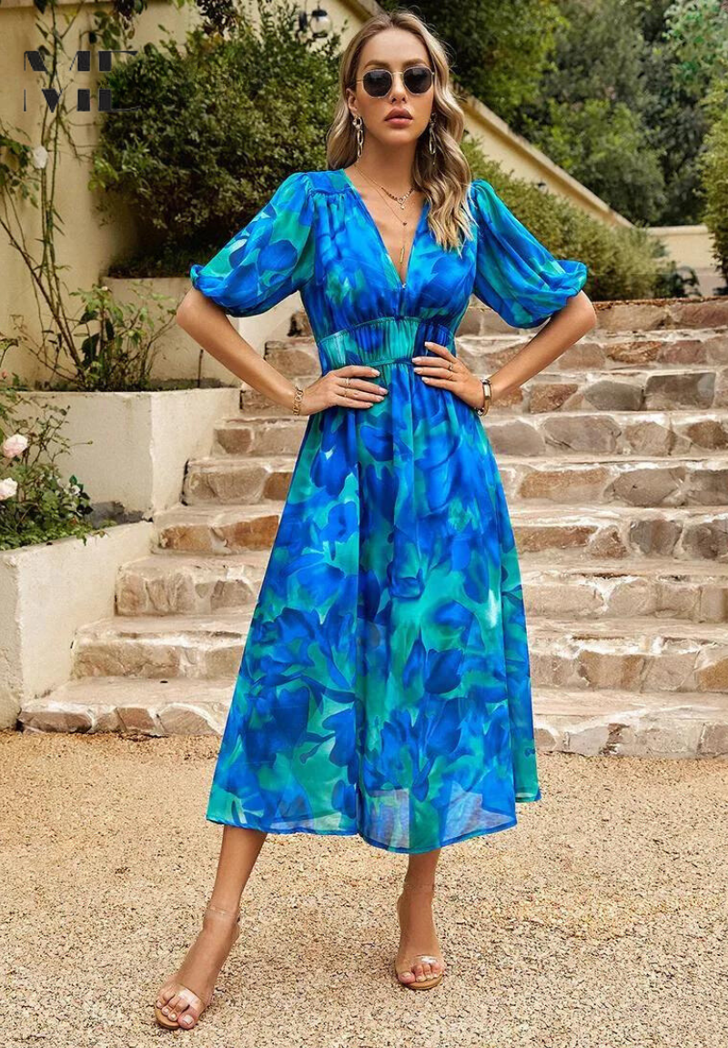 Vestido midi con estampado floral y cuello en V para mujer, ideal para invitadas de boda