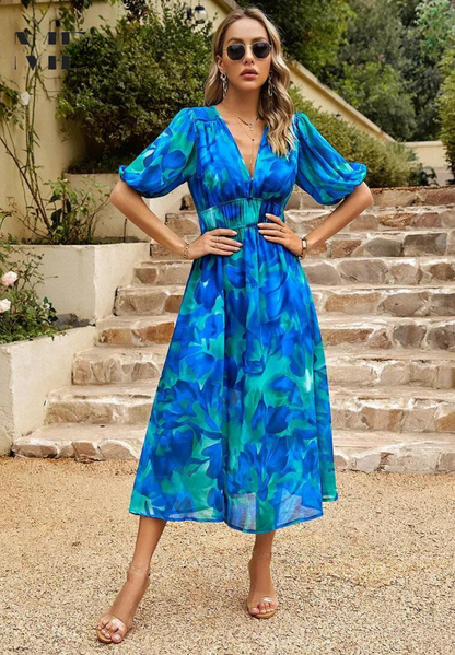 Vestido midi con estampado floral y cuello en V para mujer, ideal para invitadas de boda