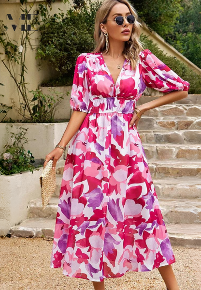 Vestido midi con estampado floral y cuello en V para mujer, ideal para invitadas de boda