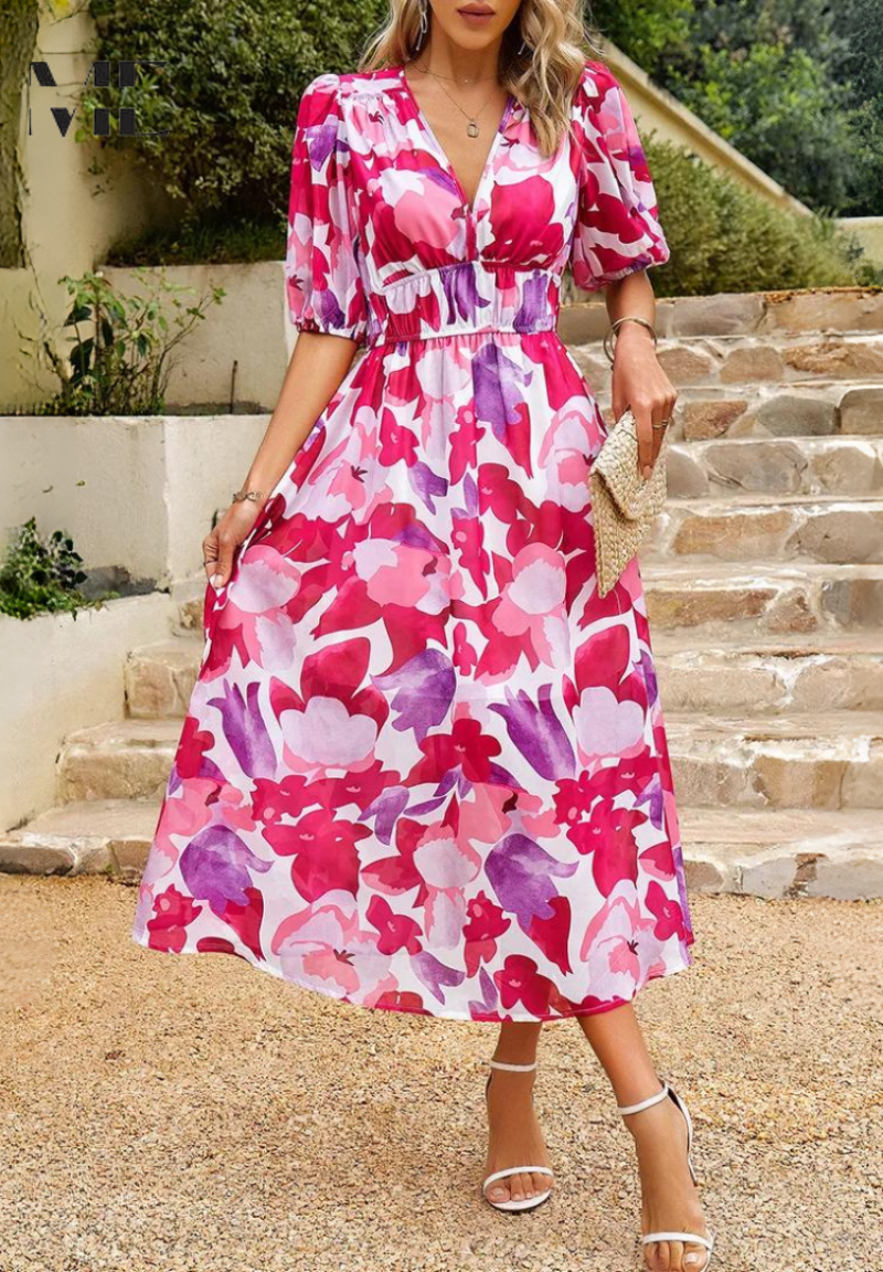 Vestido midi con estampado floral y cuello en V para mujer, ideal para invitadas de boda