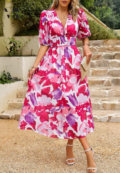 Vestido midi con estampado floral y cuello en V para mujer, ideal para invitadas de boda