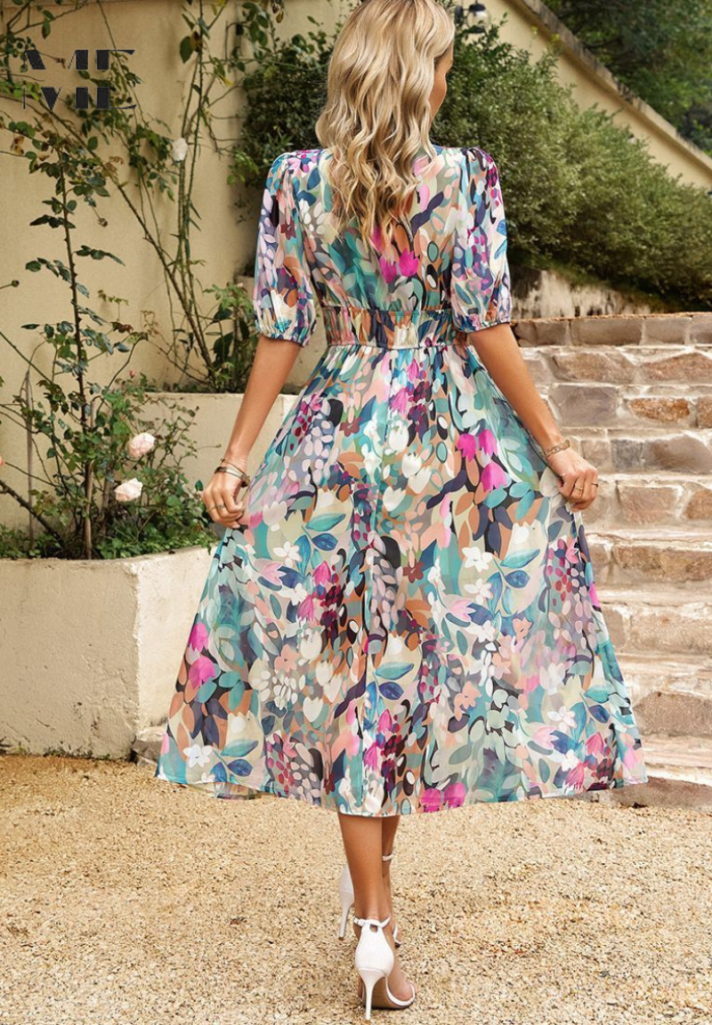 Vestido midi con estampado floral y cuello en V para mujer, ideal para invitadas de boda