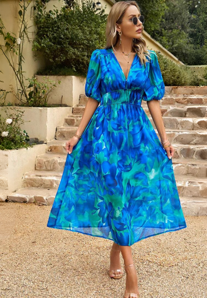 Vestido midi con estampado floral y cuello en V para mujer, ideal para invitadas de boda