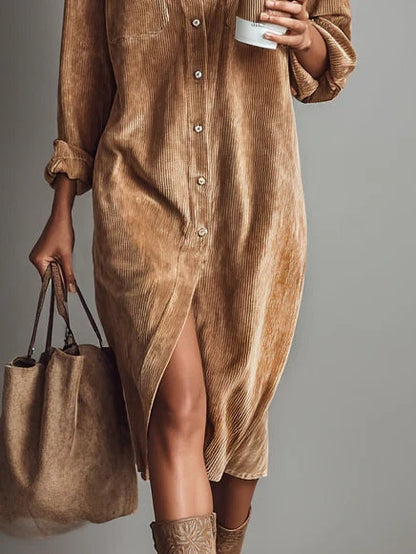 Vestido midi abotonado de manga larga para mujer