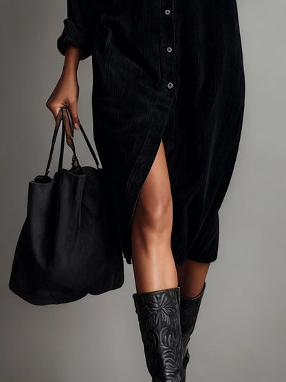 Vestido midi abotonado de manga larga para mujer