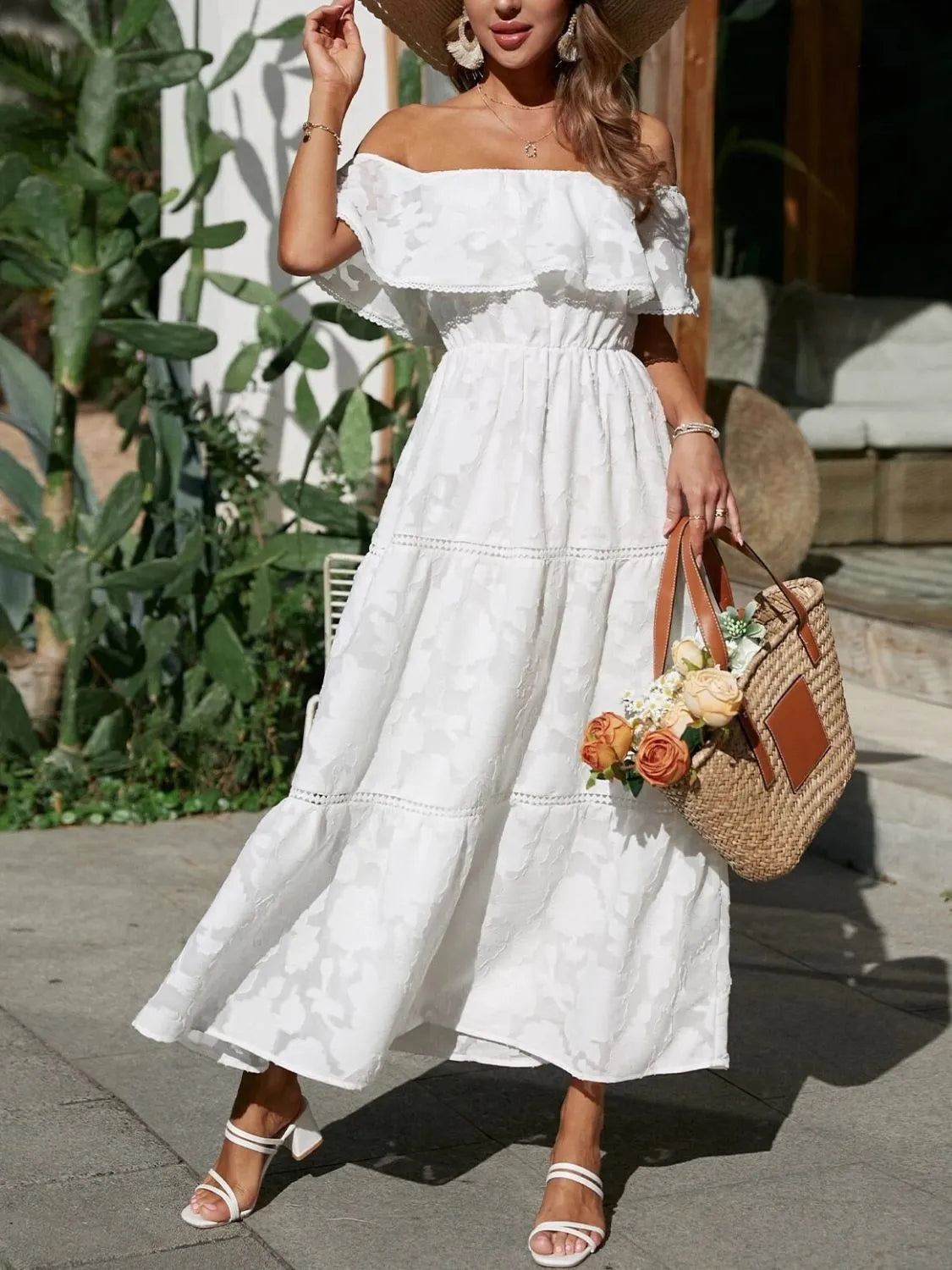 Vestido Maxi con Hombros Descubiertos y Capas para Invitada de Boda para Mujer