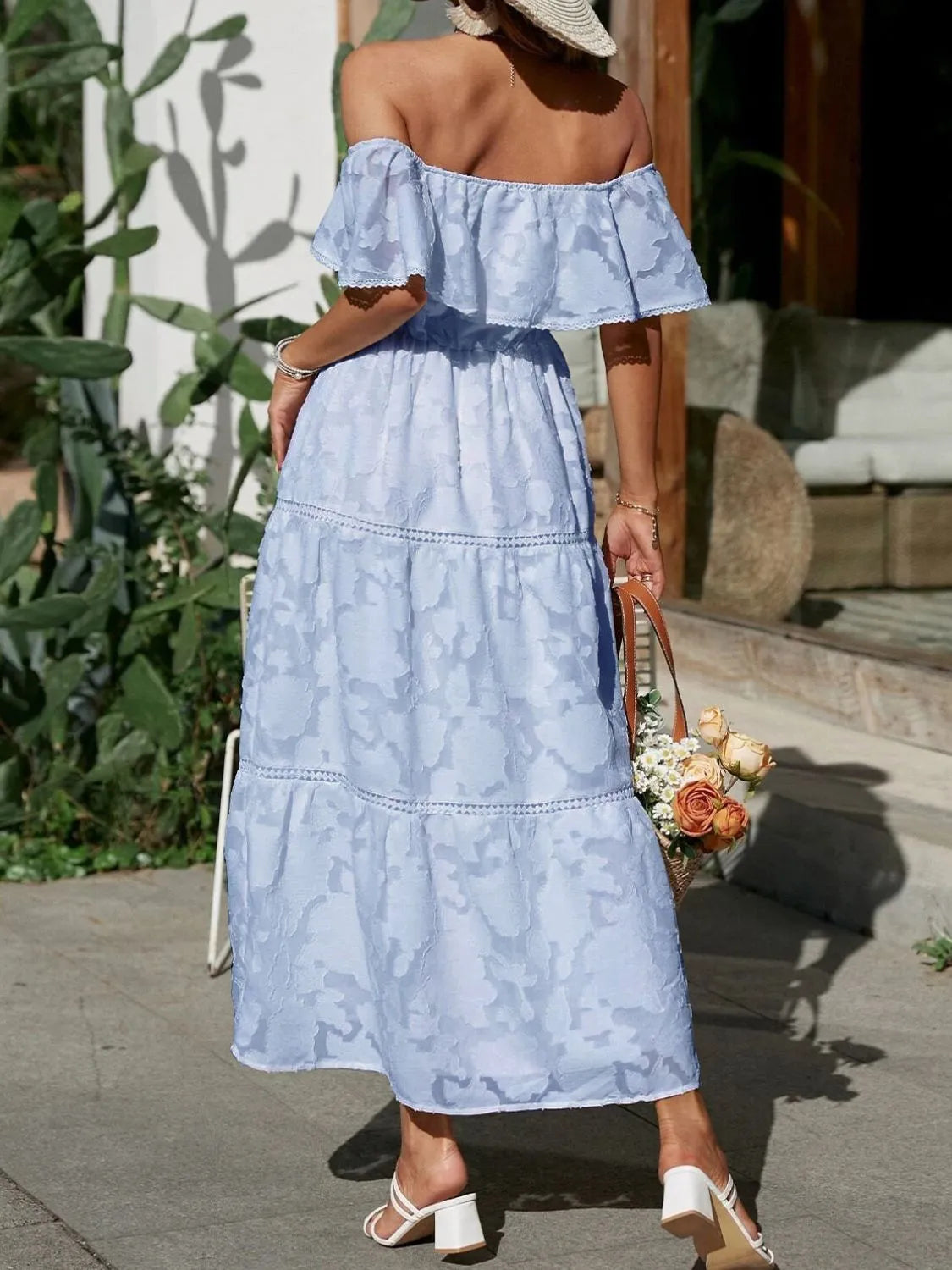 Vestido Maxi con Hombros Descubiertos y Capas para Invitada de Boda para Mujer