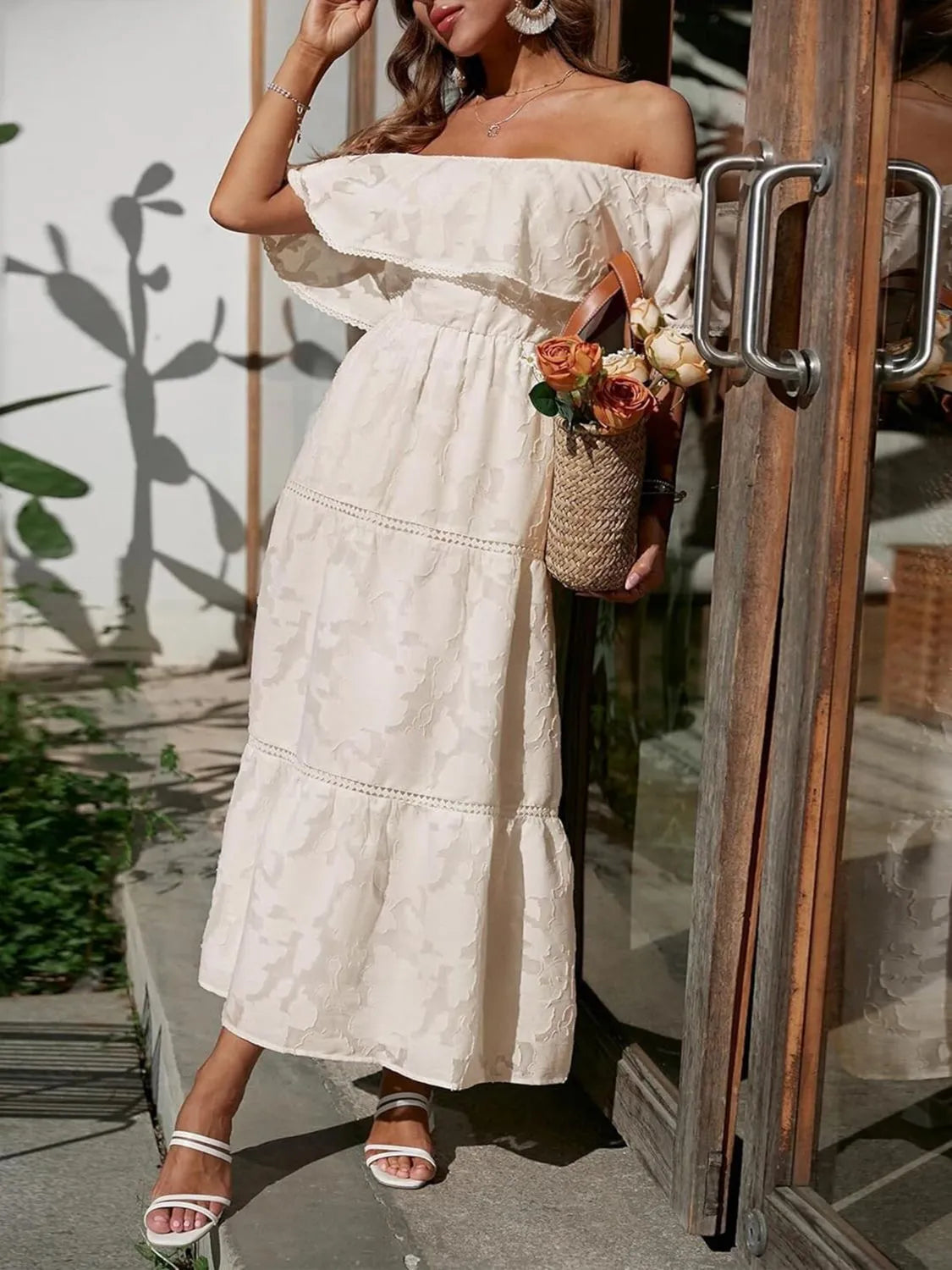 Vestido Maxi con Hombros Descubiertos y Capas para Invitada de Boda para Mujer