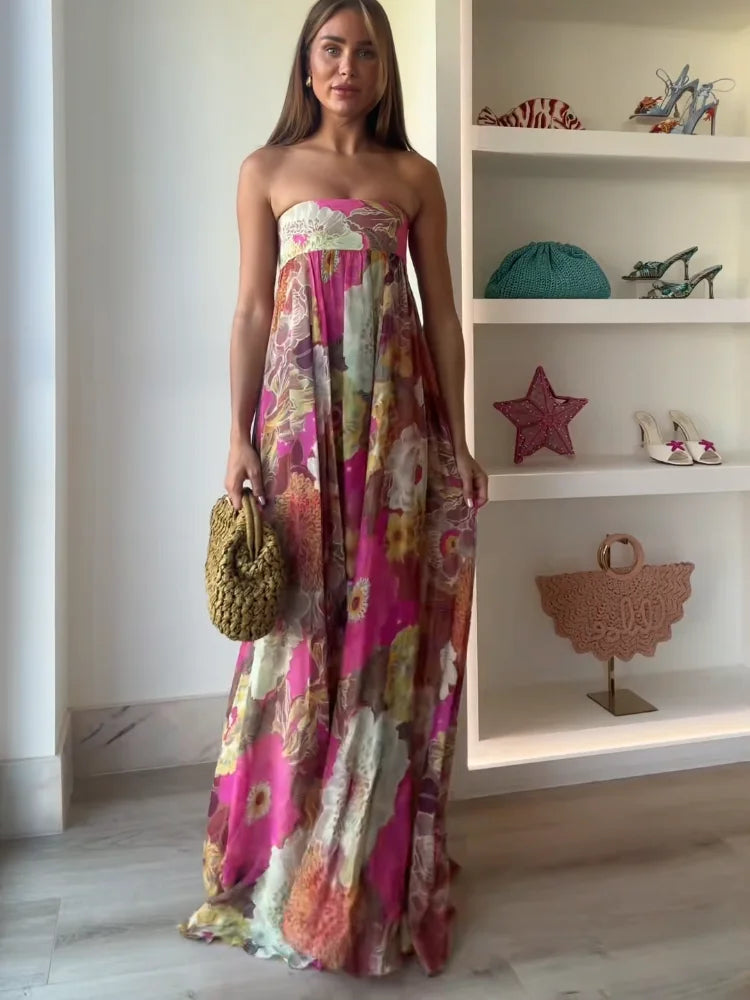 Vestido Maxi Floral Strapless Tipo Tubo para Mujer para Invitadas de Boda