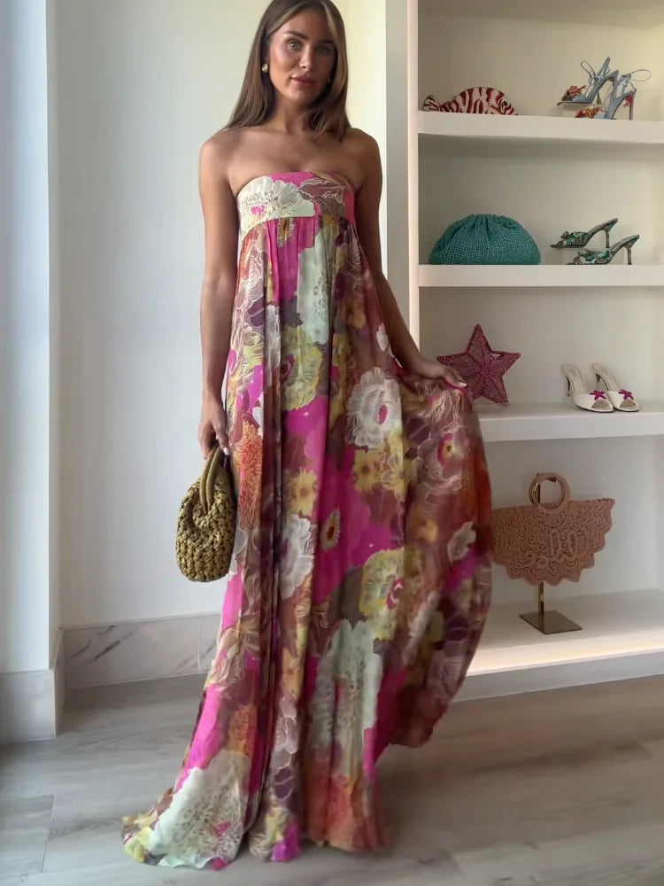 Vestido Maxi Floral Strapless Tipo Tubo para Mujer para Invitadas de Boda