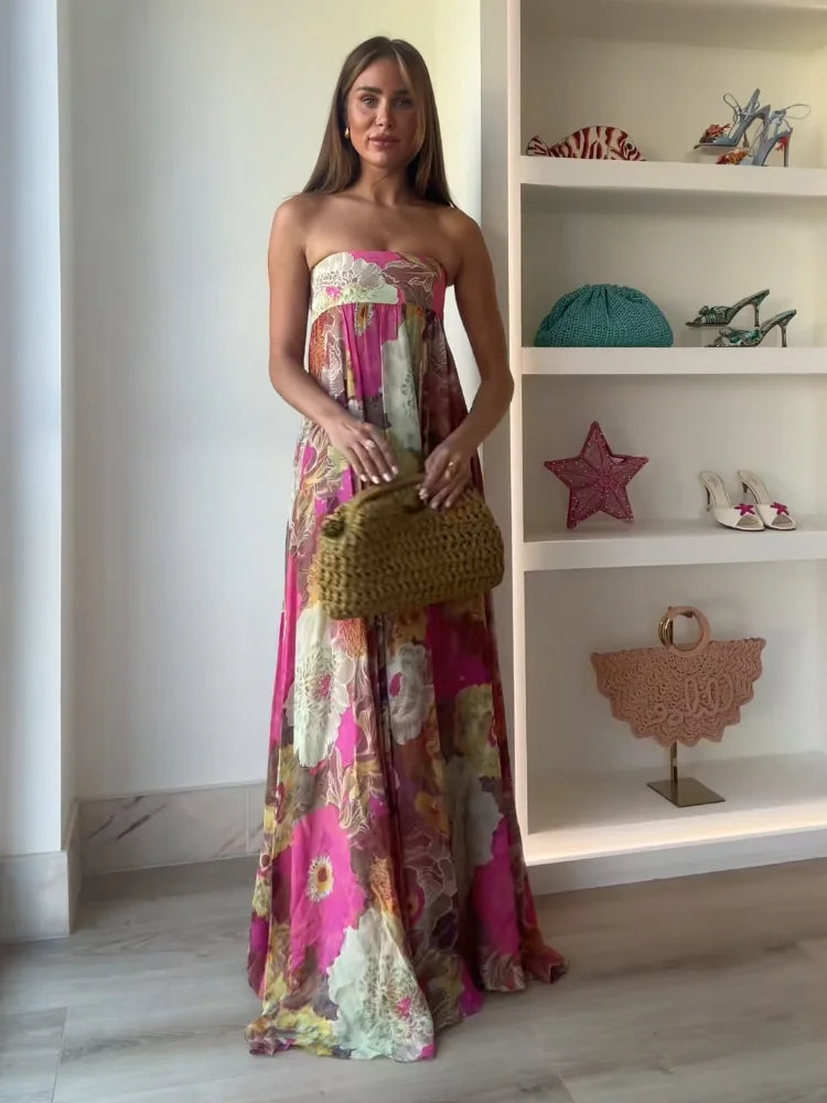 Vestido Maxi Floral Strapless Tipo Tubo para Mujer para Invitadas de Boda