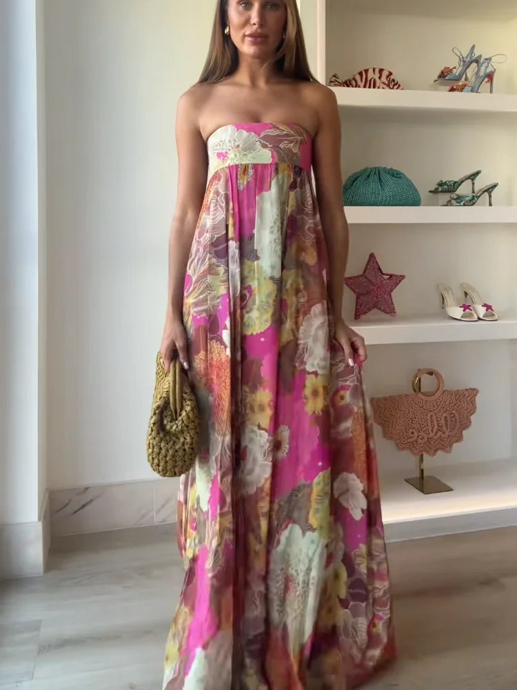Vestido Maxi Floral Strapless Tipo Tubo para Mujer para Invitadas de Boda