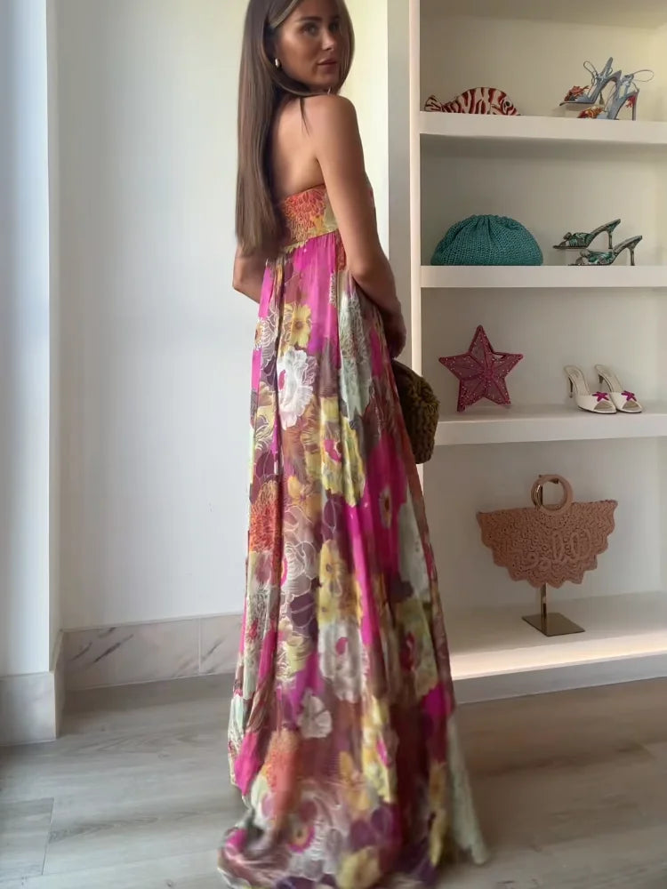 Vestido Maxi Floral Strapless Tipo Tubo para Mujer para Invitadas de Boda