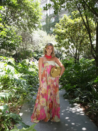 Vestido Maxi Floral Strapless Tipo Tubo para Mujer para Invitadas de Boda