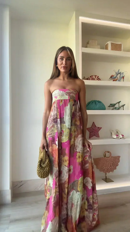 Vestido Maxi Floral Strapless Tipo Tubo para Mujer para Invitadas de Boda
