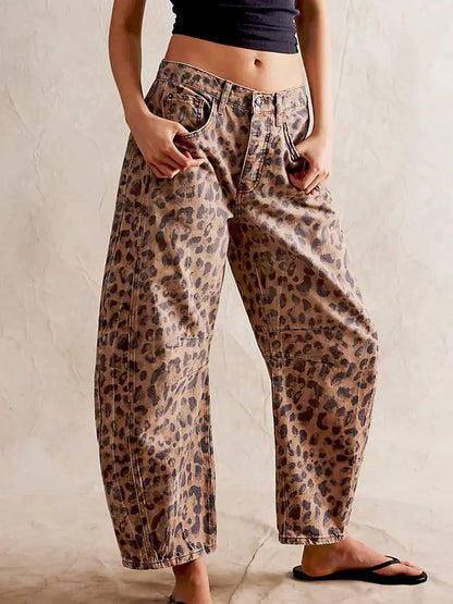 Jeans Denim de Pierna Ancha con Estampado de Leopardo para Mujer