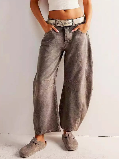 Jeans Denim de Pierna Ancha con Estampado de Leopardo para Mujer