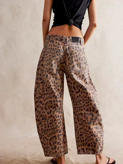 Jeans Denim de Pierna Ancha con Estampado de Leopardo para Mujer