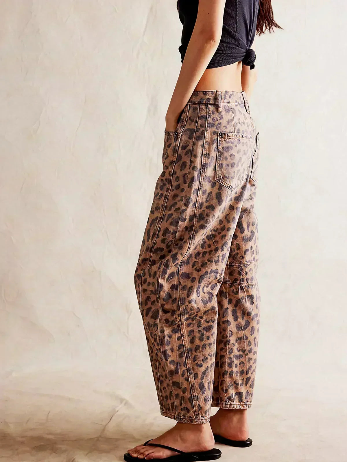 Jeans Denim de Pierna Ancha con Estampado de Leopardo para Mujer